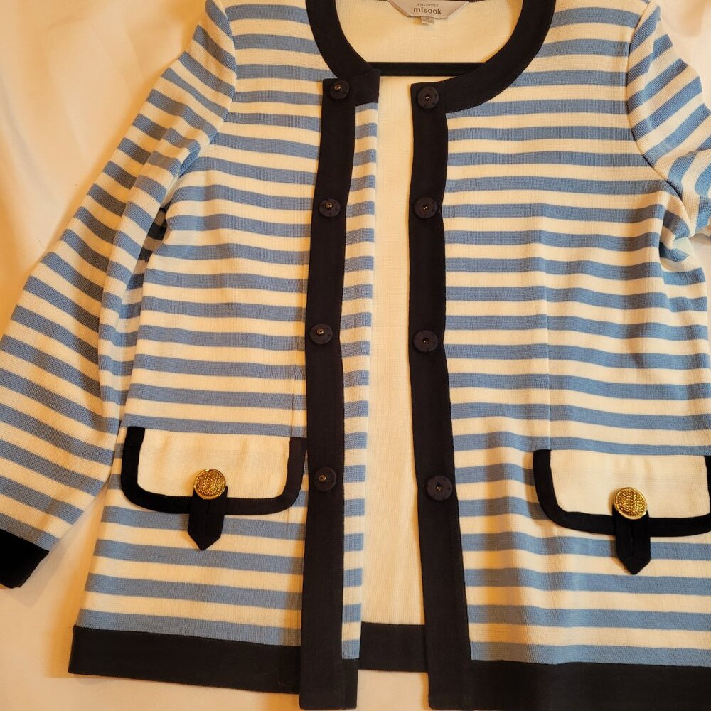 Misook Exclusively Women's Blue and White Stripe Navy Trim Cardigan Medium - Picture 6 of 13